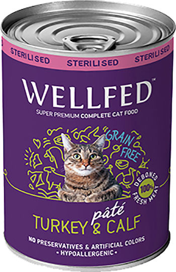 Wellfed Sterilised Nassfutter für Erwachsene Katzen in Dose mit Türkei und Kalb ohne Getreide 400gr