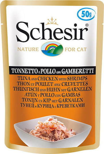 Schesir Nature for Cat Υγρή Τροφή για Ενήλικες Γάτες σε Φακελάκι με Γαρίδες, Κοτόπουλο και Τόνο 50gr