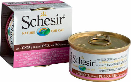 Schesir Nature for Cat Wet Food for Adult Cats in Cans with Chicken, Rice and Tuna Gluten-Free 85gr