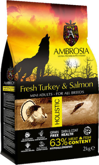 Ambrosia Adult Grain Free Mini Turkey And Fresh Salmon 2kg Dry Dog Food For Adult Small Breeds With Turkey And Salmon