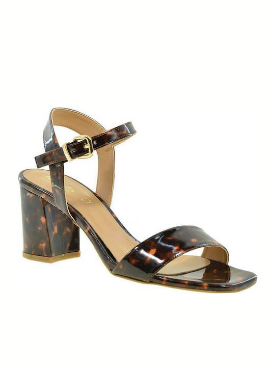 Fardoulis Patent Leather Women's Sandals 51133K Brown with Chunky Medium Heel