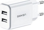Usams Φορτιστής Χωρίς Καλώδιο με 2 Θύρες USB-A Λευκός (T24)