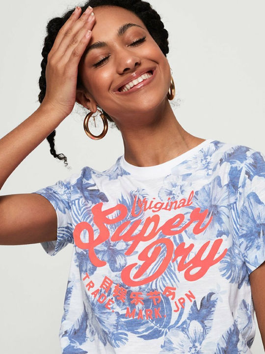 Superdry Original Hibiscus Γυναικείο T-shirt Γαλάζιο με Στάμπα