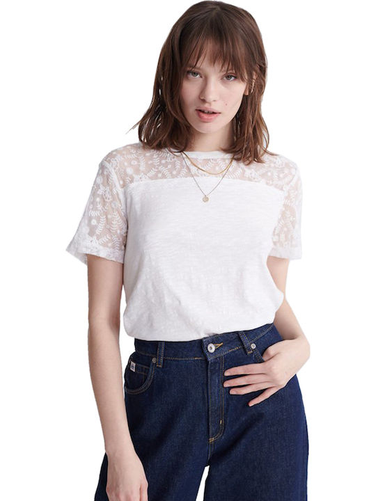 Superdry Rowan Emb Mesh Women's Summer Blouse with Sheer White