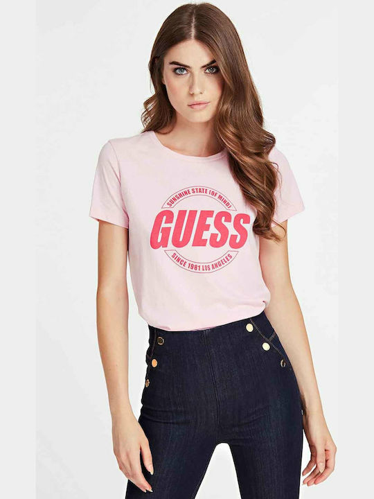 Guess Γυναικείο T-shirt Ροζ με Στάμπα