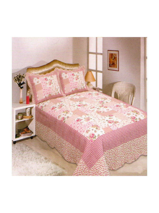 Silk Fashion Σετ Κουβερλί Υπέρδιπλο Βαμβακερό Ροζ Φλοράλ 220x240cm
