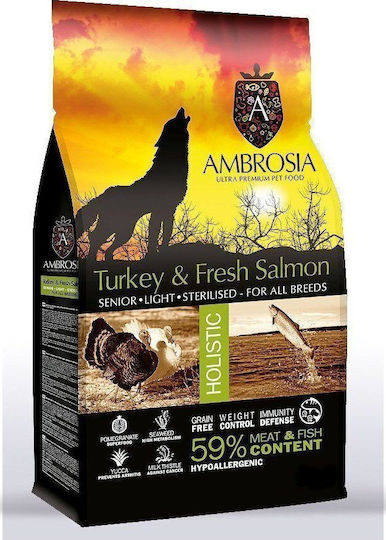 Ambrosia Senior Light Sterilised Turkey & Salmon 12kg Dry Dog Food Grain-Free for Elderly Large Breed Dogs with Turkey and Salmon