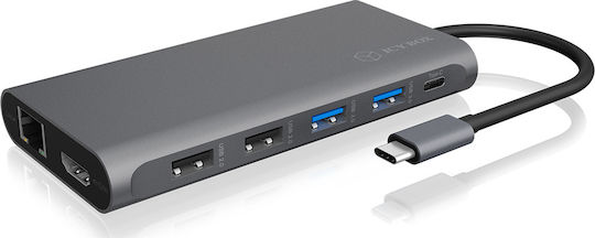 Icy Box USB-C Docking Station with HDMI/DisplayPort 4K PD Ethernet and Support for 3 Monitors Gray (IB-DK4050-CPD)