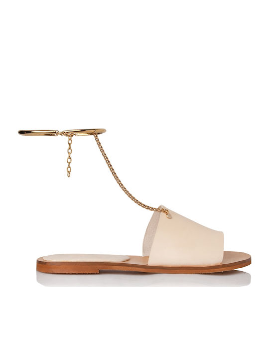 Sante Leather Women's Flat Sandals with Strap in Beige Color