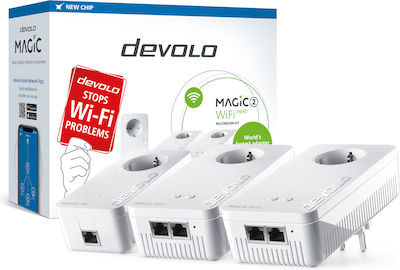 Devolo Magic 2 WiFi next Powerline Τριπλού Kit για Ασύρματη Σύνδεση Wi‑Fi 5 με Passthrough Πρίζα και 2 Θύρες Gigabit Ethernet