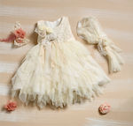 Lollipop Celebrations Ecru Tulle Baptism Outfit with Dress , Hair Accessories & Cardigan 3pcs