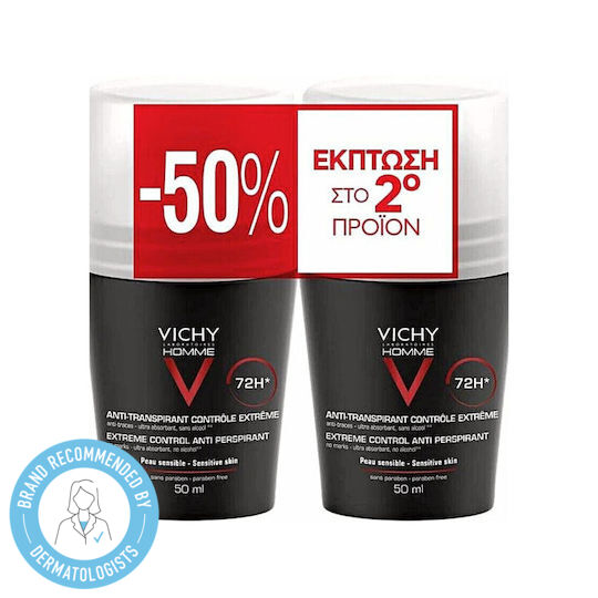 Vichy Homme Extreme Control Αποσμητικό 72h σε Roll-On 2x50ml