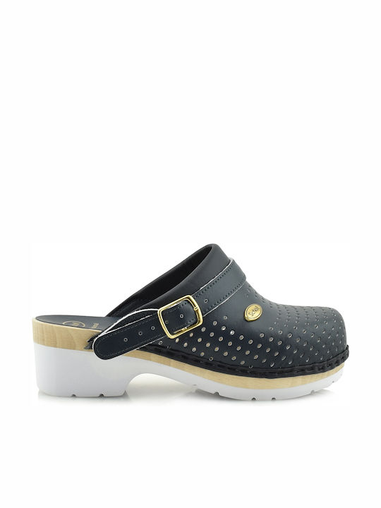 Scholl Super Comfort Leather Anatomic Clogs Blue