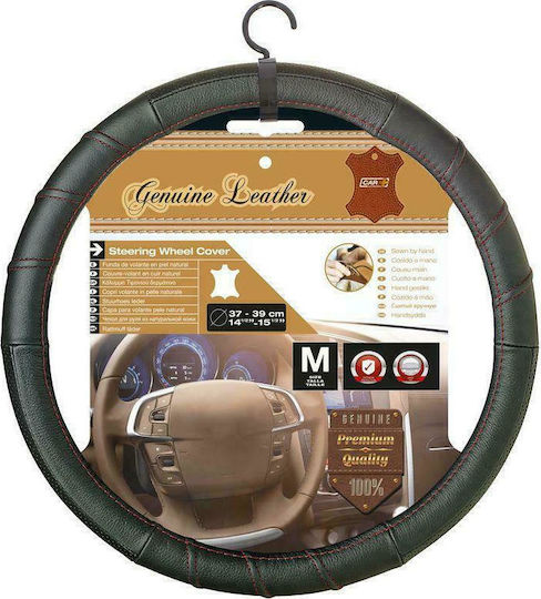 Car+ Husă Volan Auto cu Diametru 37-39cm Din Piele Negru cu Cusătură Roșie
