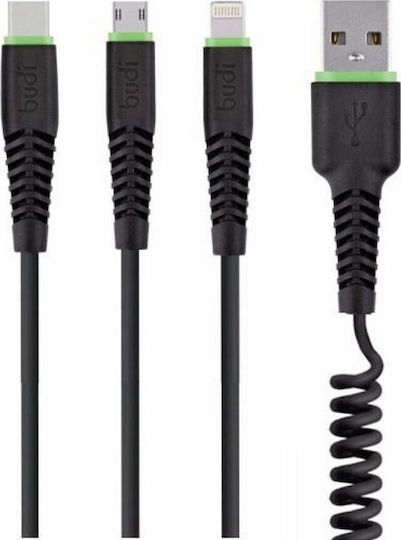 Fonex Budi Cable 3in1 Спирала USB към Lightning / Type-C / micro USB Кабел 2A Черен 2м M8J150T3S-BLK