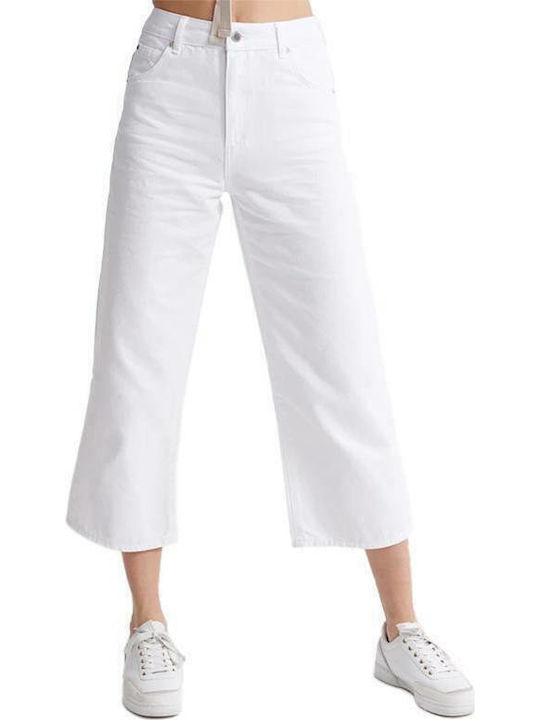Superdry Wide Leg Crop Γυναικείο Ψηλόμεσο Denim Capri Παντελόνι σε Boyfriend Εφαρμογή Λευκό