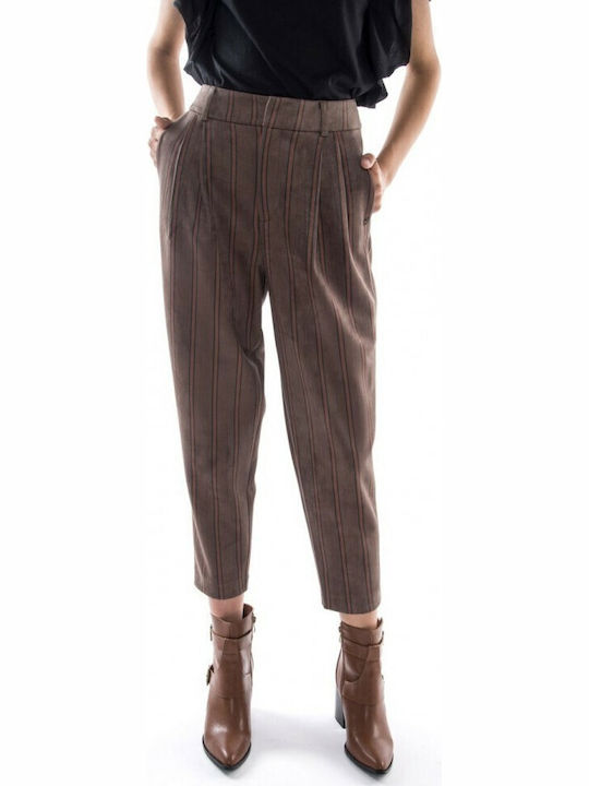 Women's High-waisted Fabric Trousers Baggy Line Striped Brown