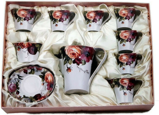 Karvounis Tea Set with Cup Porcelain Pink Purple Flowers Straight Shape 15pcs