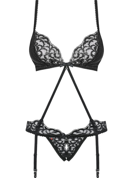 Obsessive Laluna Bodysuit Sexy Cu Dantelă Și Jartiere Negru