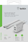 Belkin Φορτιστής με 2 Θύρες USB-A και Καλώδιο micro USB 24W Λευκός (WCE002vf1MWH)