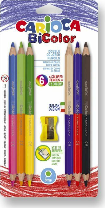 Carioca Bicolor Maxi Coloured Pencils Set Διπλής Γραφής με Ξύστρα 6pcs