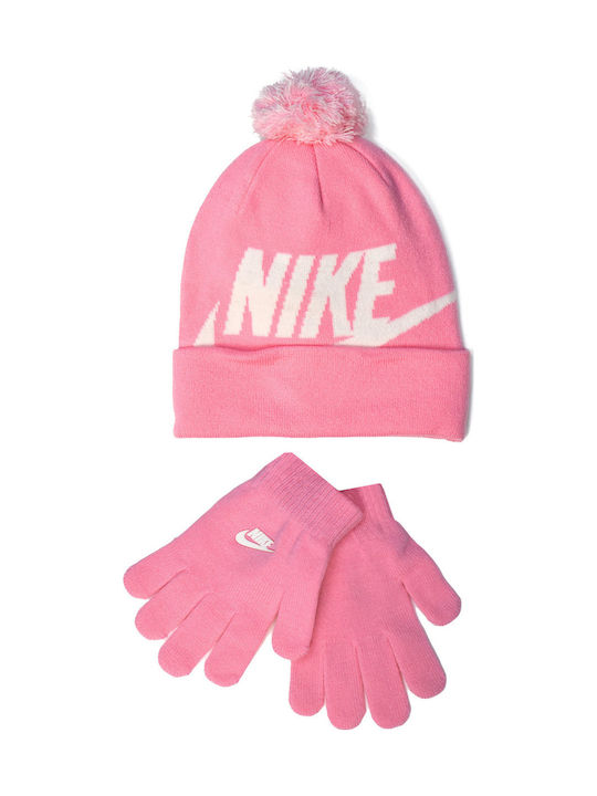 Nike Swoosh Σετ Παιδικό Σκουφάκι με Γάντια Πλεκτό Ροζ