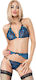 Chilirose Sexy Lingerie Set with Lace and Garters Blue 3 Pieces