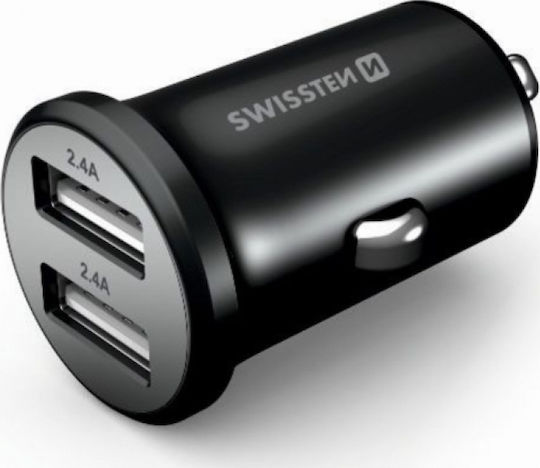 Swissten Φορτιστής Αυτοκινήτου 4.8A με Θύρες: 2xUSB Μαύρο Χρώμα