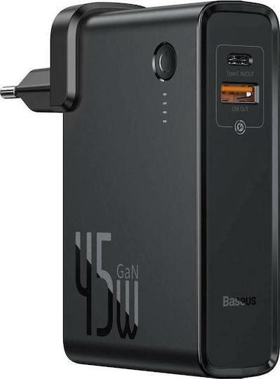Baseus Ladegerät GaN mit USB-A Anschluss und USB-C Anschluss und Kabel USB-C 45W Stromlieferung / Schnellaufladung 3.0 Schwarzs (GaN 2 in 1)