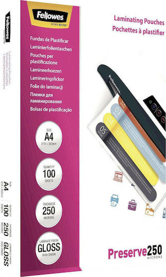 Fellowes A4 Glossy 250 Micron Ζελατίνες Πλαστικοποίησης Γυαλιστερές 100 microns 100τμχ