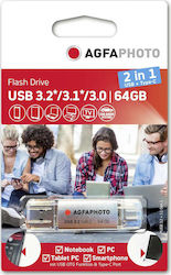 AgfaPhoto 2in1 64GB USB 3.0 Stick cu conexiune USB-A & USB-C Argint