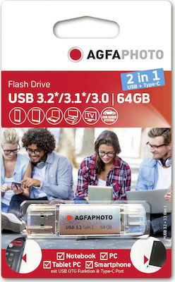 AgfaPhoto 2in1 64GB USB 3.0 Stick mit Verbindung USB-A & USB-C Silber