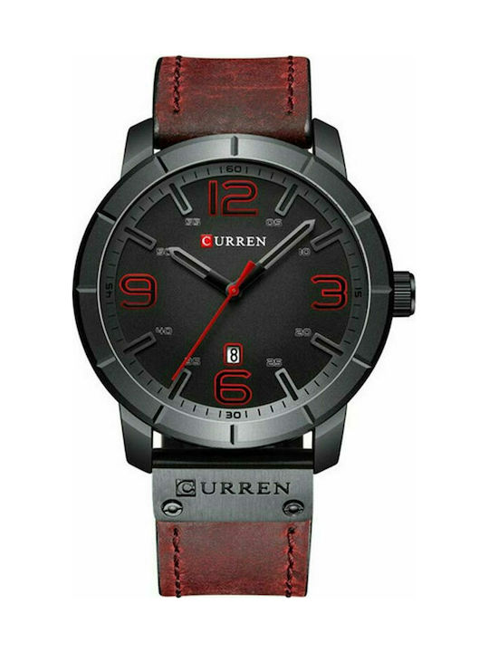Curren Watch Battery with Leather Strap Bordeaux
