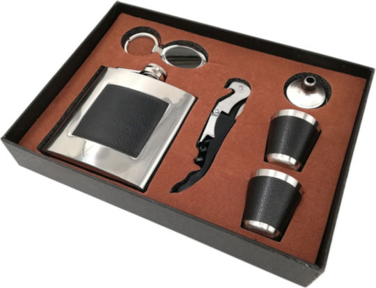 SP Souliotis Set Trinkflasche Rostfreier Stahl mit Schlüsselanhänger Schnapsgläser Feuerzeug & Trichter Silber 178ml