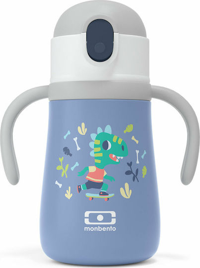 Monbento MB Stram Kids Water Bottle Thermos Dinosaur Stainless Steel with Straw Blue 360ml