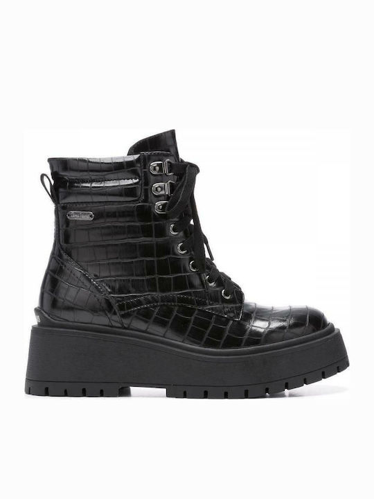 Bobbing Croco Women's Patent Leather Ankle Boots with Medium Heel Black