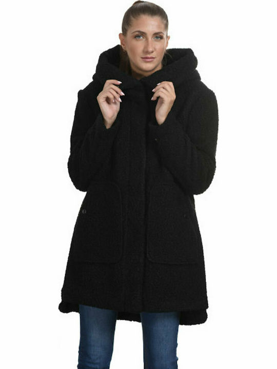 Biston Μπουκλέ Γυναικείο Μαύρο Παλτό με Κουκούλα