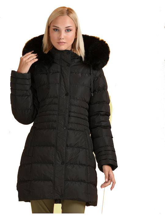 Biston Lung Jachetă de femei Puffer cu glugă de blană pentru iarnă Negru