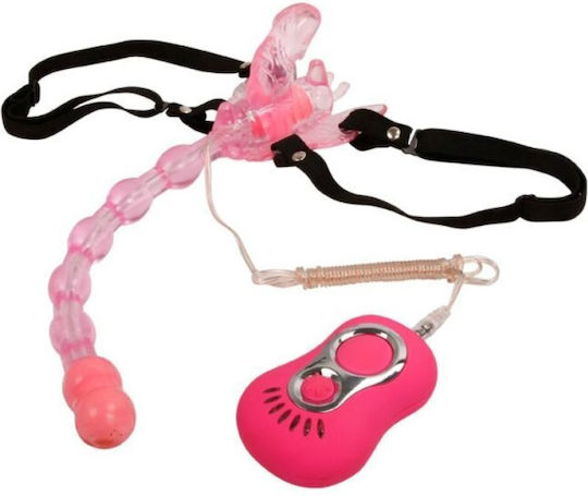 Baile Butterfly Strap-on Harness with Double Dildo 19.5cm and Vibration in Pink Color