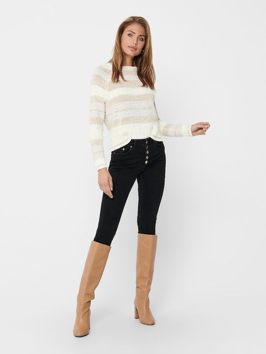 Only Women's Long Sleeve Crop Sweater Cotton Striped Beige