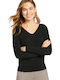 Basic Women's Long Sleeve Sweater Cotton with V Neckline Black