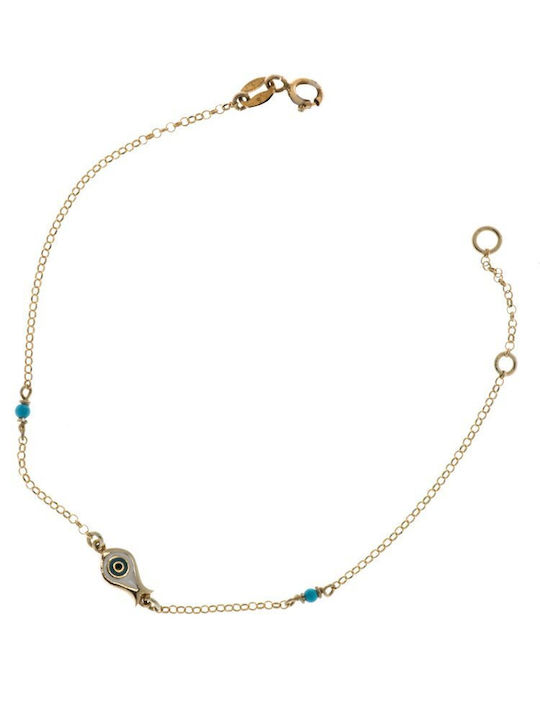 Distinctive bracelet made of gold plated silver with enamel eye and turquoise beads