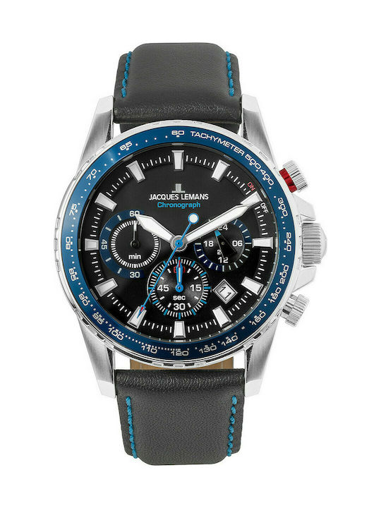 Jacques Lemans Liverpool Uhr Chronograph Batterie mit Schwarz Lederarmband