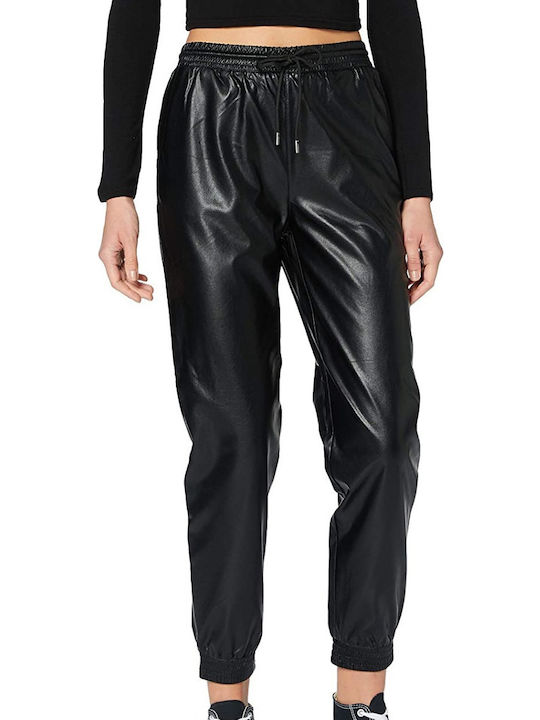 Only Women's High-waisted Leather Trousers with Elastic Black