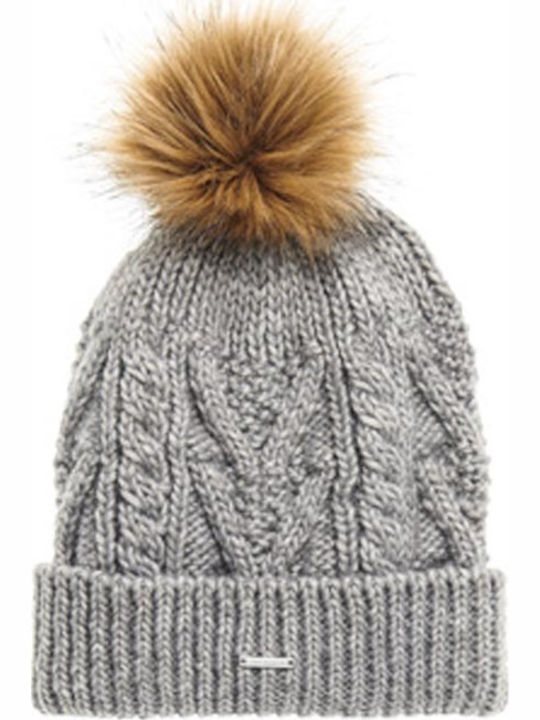 Lannah Pom Pom Beanie Γυναικείος Σκούφος με Πλεξούδες σε Γκρι χρώμα