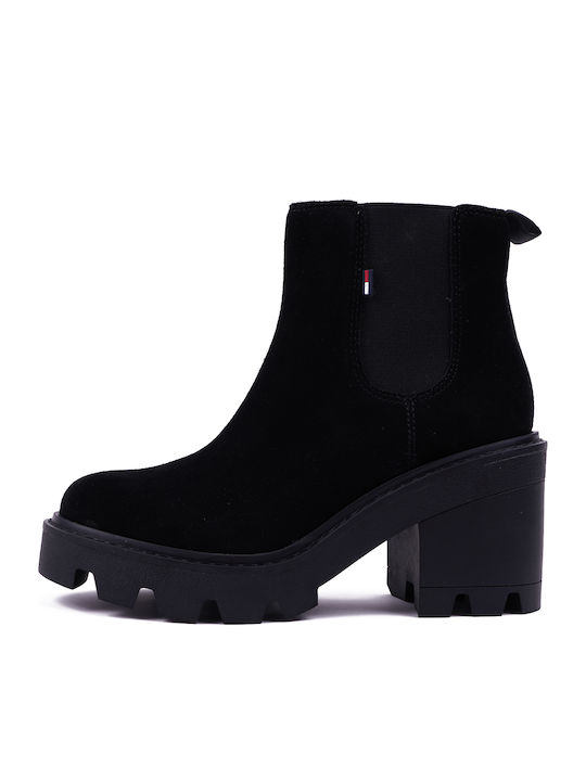 Tommy Hilfiger Suede Women's Chelsea Boots with High Heel Black