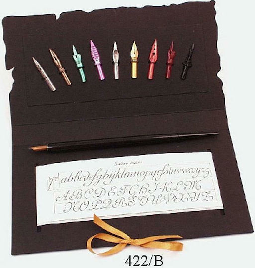 Francesco Rubinato Set Calligraphy Pen Brown Wooden with Blue Ink