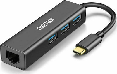 Choetech USB 3.0 Hub 4 Porturi cu conexiune USB-C / Ethernet Gri