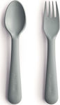 Mushie Set pentru bebeluși cu Furculiță Fork & Spoon din Plastic Sage 2buc