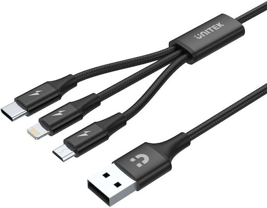 Unitek Braided Cablu USB la Lightning / Type-C / micro USB cu mai multe porturi 2.4A Negru 1.2m (C14049BK)